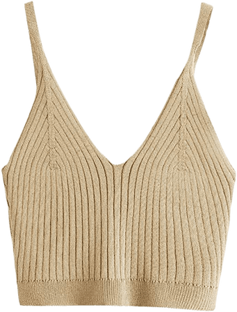 SweatyRocks Women's V Neck Crop Cami Top Ribbed Knit Spaghetti Strap Sleeveless Vest Brown S at Amazon Women’s Clothing store