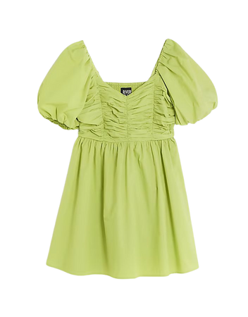 Green poplin ruched puff sleeve mini dress | River Island