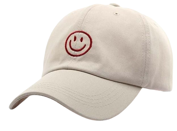 white dad hat red smile