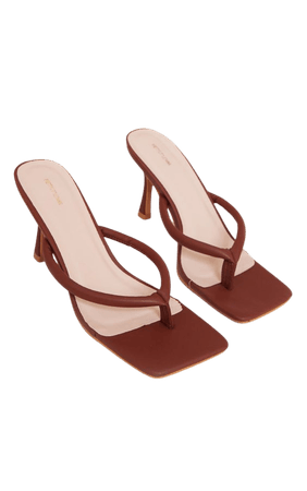 Chocolate Pu Toe Thong Low Heeled Sandals | PrettyLittleThing USA