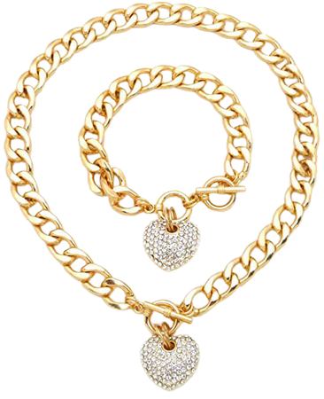 Amazon.com: Fashion 21 Women's Rhinestone Filled 3D Heart Pendant 16" Cuban Link Chain & Bracelet Set in Gold Color Plated (Necklace & Bracelet Set/Gold Tone): Jewelry