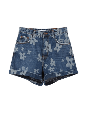 Laser floral print denim shorts - Denim - Woman | Bershka