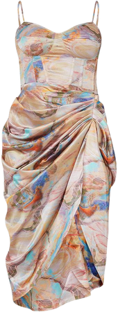Multi Marble Satin Ruched Skirt Corset Midi Dress | PrettyLittleThing USA