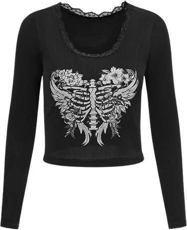 Long Sleeve Tee Shirts for Women Slim Black Skeleton Print Gothic Low Cut Lace Trim T-Shirt Going Out Tops at Amazon Women’s Clothing store