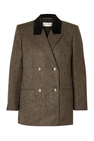 Brown Double-breasted velvet-trimmed wool blazer | SAINT LAURENT | NET-A-PORTER