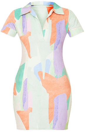 Multi Abstract Velour Polo Collar Bodycon Dress | PrettyLittleThing USA