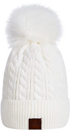 Alepo Womens Winter Beanie Hat, Warm Fleece Lined Knitted Soft Ski Cuff Cap with Pom Pom(White) at Amazon Women’s Clothing store