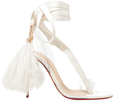 Christian Louboutin | Marie Edwina 100 feather-trimmed satin and PVC sandals | NET-A-PORTER.COM