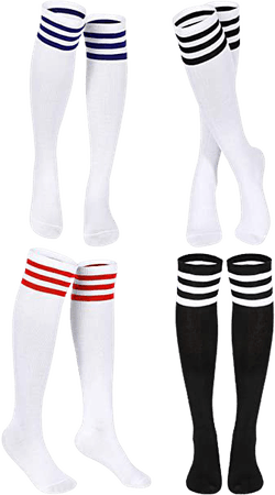 Triple Stripes Knee High Socks Unisex Cotton Three Knee High Tube Socks (White in Red/Black/Blue Stripe, Black in White Stripe, 4): Amazon.co.uk: Clothing