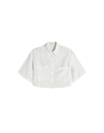 Faded linen blend short sleeve shirt with pocket - Shirts - Woman | Bershka