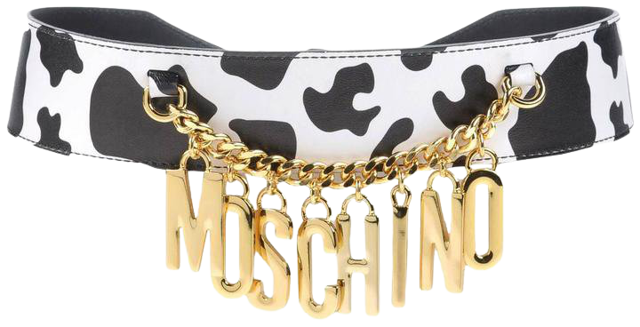 Moschino NEW Black White Cow Print Leather Gold Charm 'MOSCHINO' Waist Belt at 1stdibs