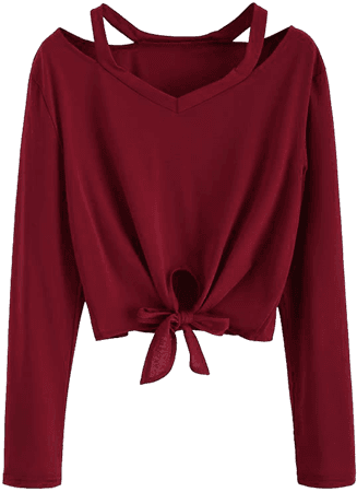 SweatyRocks Women's Crop T-Shirt Tie Front Long Sleeve Cut Out Casual Blouse Top