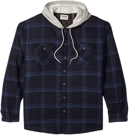 Wrangler Authentics mens Long Sleeve Quilted Lined Flannel Jacket With Hood Button Down Shirt, Total Eclipse With Heather, Large US at Amazon Men’s Clothing store