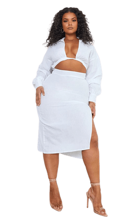 Plus Cream Linen Cut Out Twist Detail Midi Dress | PrettyLittleThing USA