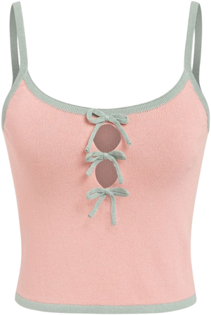 Scoop Neck Bowknot Contrasting Binding Knitted Crop Cami Top - Cider
