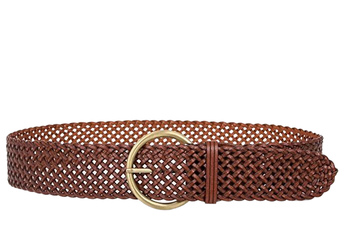 AOYEBOME 2 Inch Wide Leather Braided Belts for Women 100% Hand Made Soft Woven Waistbands with Round Golden Pin Buckle (Brown) at Amazon Women’s Clothing store