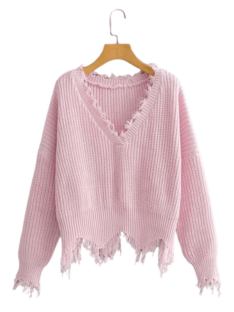Raw Hem Drop Shoulder Knit Sweater in Baby Pink | SHEIN USA