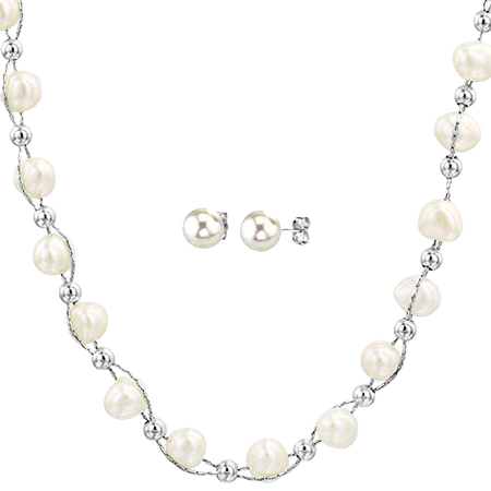 Amazon.com: DiDaDo Entwined Cultured White Pearl and Sterling Silver Beads Chain Necklace with Bonus Sterling Pearl Studs: Jewelry
