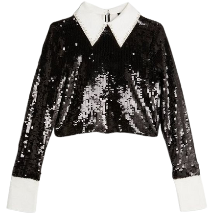 Black Sequin Woven Long Sleeve Crop Top | Karen Millen
