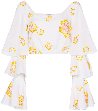 White All Things Mochi Bonita Floral-Embroidered Ruffled Blouse For Women | Farfetch.com