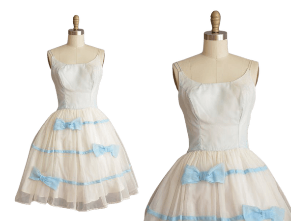 50s white chiffon blue bow cupcake vintage dress / vintage | Etsy