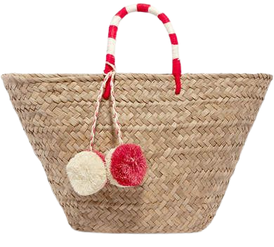 St Tropez Pompom-embellished Embroidered Woven Straw Tote - Beige