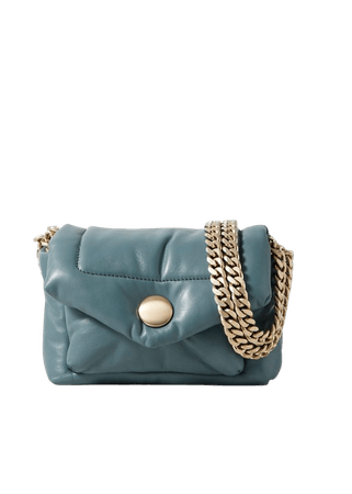 blue leather bag with gold chain straps
