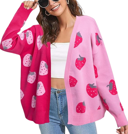 Womens Strawberry Print Sweater Long Sleeve Open Front Knit Cardigan Sweaters V Neck Casual Cute Cardigan at Amazon Women’s Clothing store