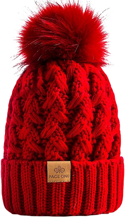 PAGE ONE Womens Winter Ribbed Beanie Crossed Cap Chunky Cable Knit Pompom Soft Warm Hat Red at Amazon Women’s Clothing store