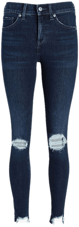 Mid Rise Dark Wash Ripped Raw Hem Skinny Jeans | Express