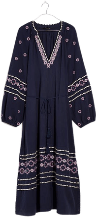 Embroidered Neck-Tie Midi Dress