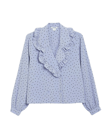 Monki Marian dot print ruffle collar blouse in blue | ASOS