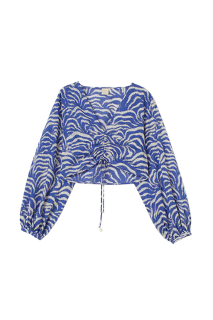 Short Balloon-sleeved Blouse - Bright blue/patterned - Ladies | H&M US