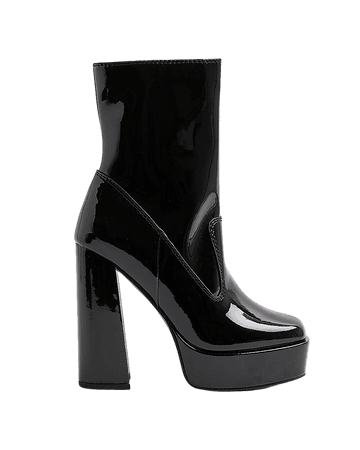 Black patent platform heeled ankle boots | River Island