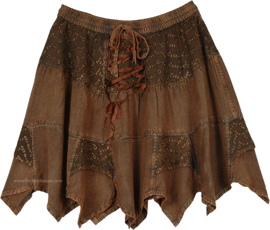 Coco Brown Rodeo Mini Skirt with Tiers and Tie Up Lace | Short-Skirts | Brown | Stonewash, Embroidered, Junior-Petite, Misses, Handkerchief, Solid, Halloween,Western-Skirts