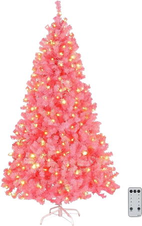 Amazon.com: VINGLI 6ft Pink Pre-lit Artificial Christmas Pine Tree with 250 Warm White Lights, Xmas Tree Holiday Party Decorations with Sturdy Metal Stand, Full 900 Tips Branch, 8 Color Modes : Home & Kitchen