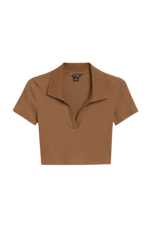 Brown cropped ribbed polo top - Brown - Monki WW