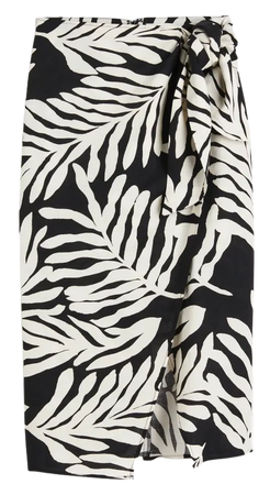 Linen-blend Wrap-front Skirt - Black/leaf-patterned - Ladies | H&M US