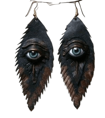 Evil Eye Black Antiqued Leather Earrings. Feather | RebelsMarket