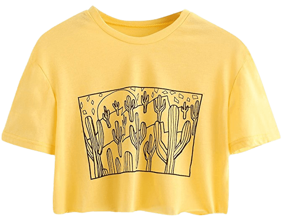 SweatyRocks Women's Cactus Print Crop Top Summer Short Sleeve T-Shirts Yellow S at Amazon Women’s Clothing store:
