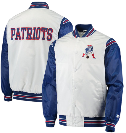 Men's New England Patriots Starter White/Navy Historic Logo Renegade Satin Varsity Full-Snap Jacket