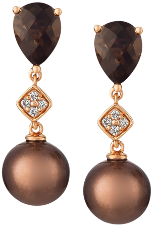 Le Vian 14k Rose Gold Cultured Brown Tahitian Pearl, Chocolate Quartz, and Diamond Accent Drop Earrings