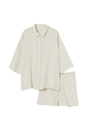 Pajama Shirt and Shorts - Light beige/checked - Home All | H&M US