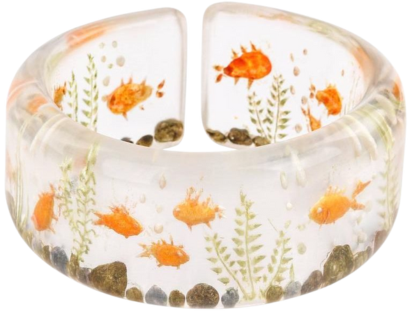 c.1940's Clear Plastic Lucite Reversed Hand Carved Goldfish Cuff Bracelet For Sale at 1stdibs