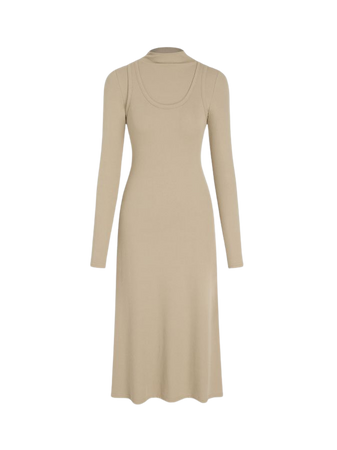 Turtleneck Ribbed Faux Two-piece Midi Dress - Cider