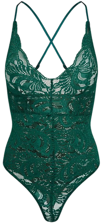 Dark Green Sheer Lace Cross Back Bodysuit | PrettyLittleThing USA