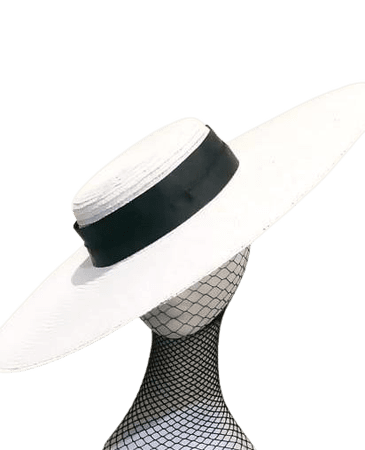 White large flat brim boater hat with black ribbon Designer fascinator – Designer Fascinators