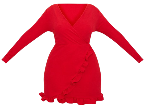 Plus Red Ruffle Detail Wrap Dress | Plus Size | PrettyLittleThing USA