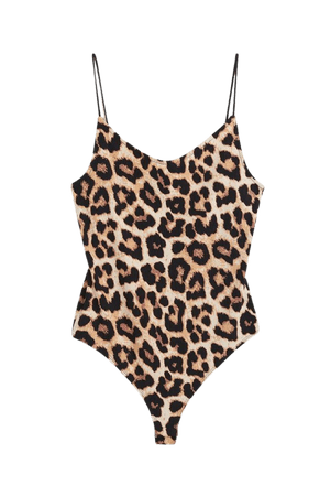 Ribbed Thong Bodysuit - Light beige/leopard print - Ladies | H&M US