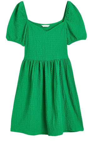 Puff-sleeved Textured Jersey Dress - Green - Ladies | H&M US